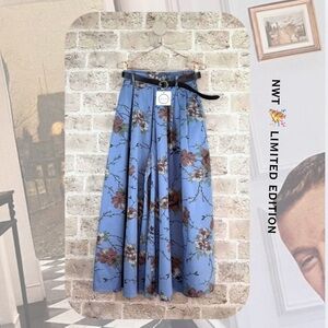 light blue & pink floral boho wide-leg palazzo high waisted pants with belt